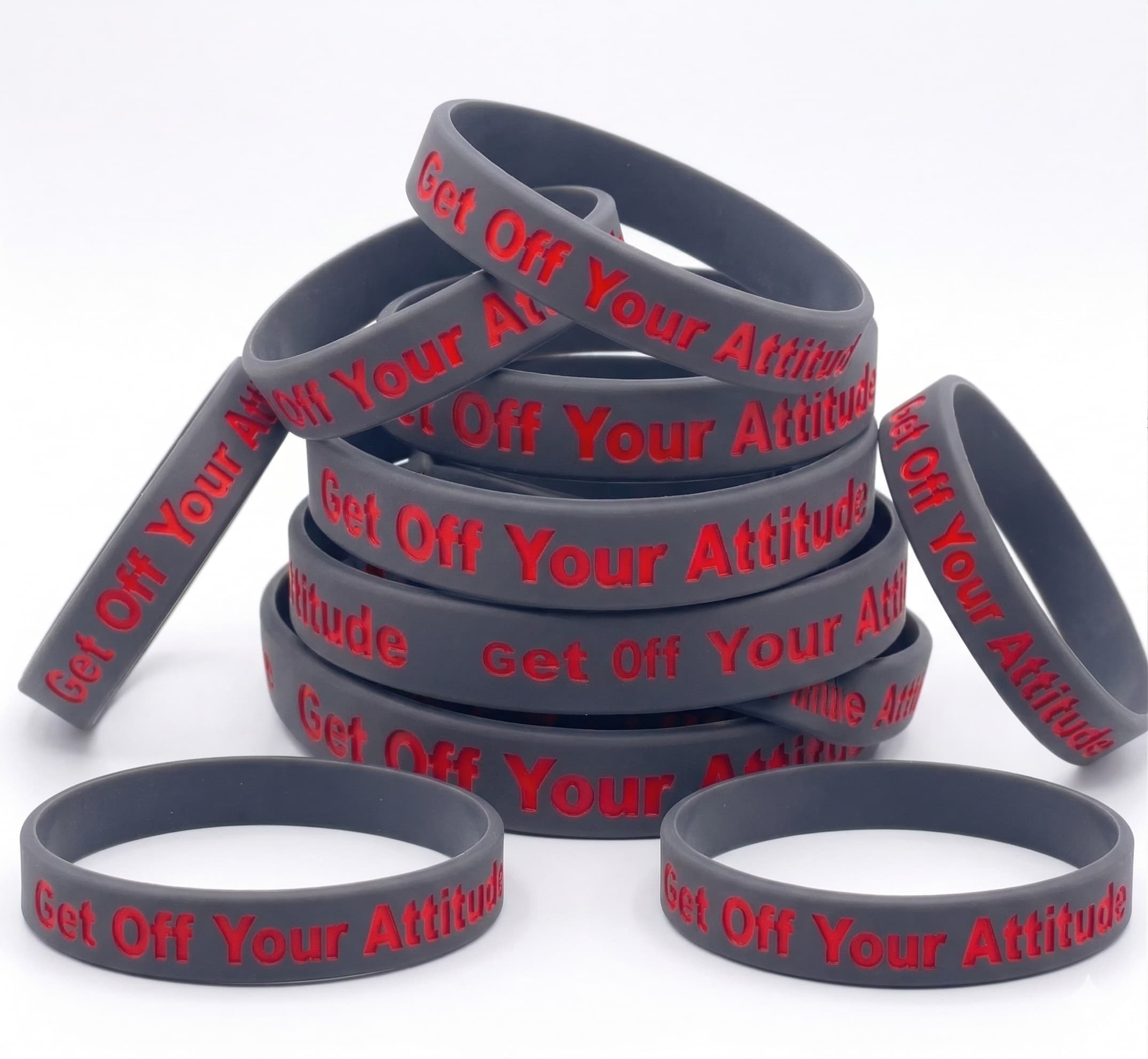 Get Off Your Attitude Wristband (Charcoal and Red) 10 Pack